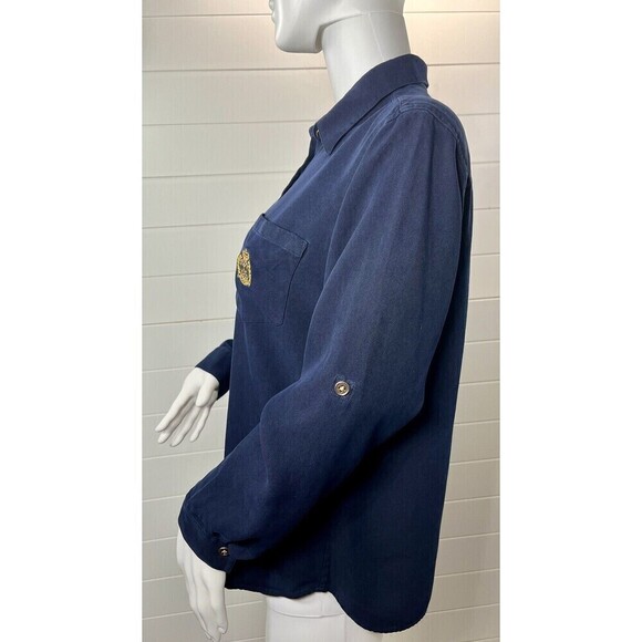 Lauren Ralph Lauren Silk Button Up Shirt 8 Navy RL Equestrian Crest Academia - Picture 6 of 11
